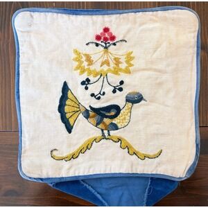 Vintage Finished Williamsburg Crewel Kit Embroidery Folk Art Bird Pillow Cover